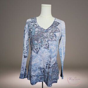 Kiara Aqua Embellished V-Neck Long Sleeve Top M – Boho Blue Paisley